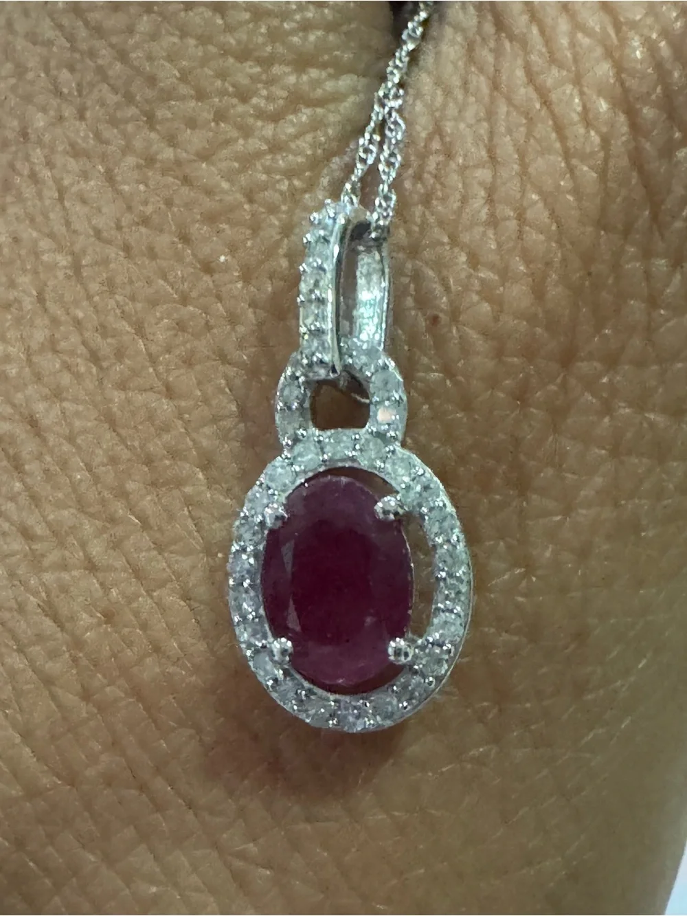 Vintage 1CT Natural Ruby & Diamonds Halo Pendant Necklace 10K White Gold - Picture 8 of 17